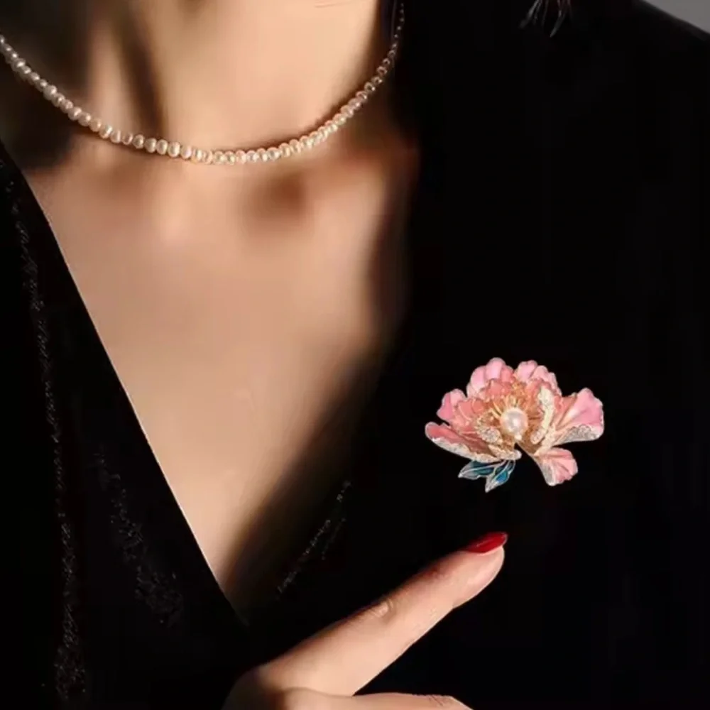 Blush Elegance Pearl & Crystal Floral Brooch